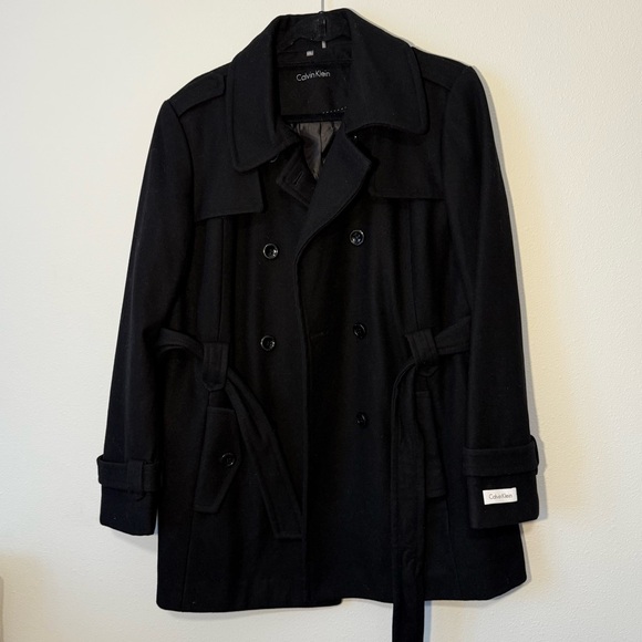 New Calvin Klein Double Breasted Belted Peacoat Wool Blend Black - Picture 1 of 7